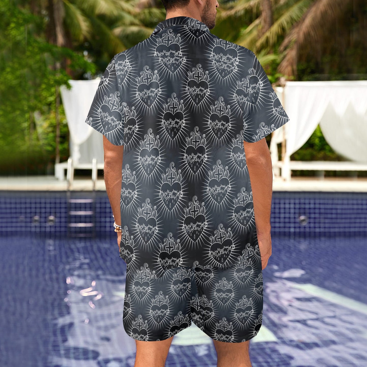 Christian Heart Tattoo Style Men's Beach Shirt and Shorts Set