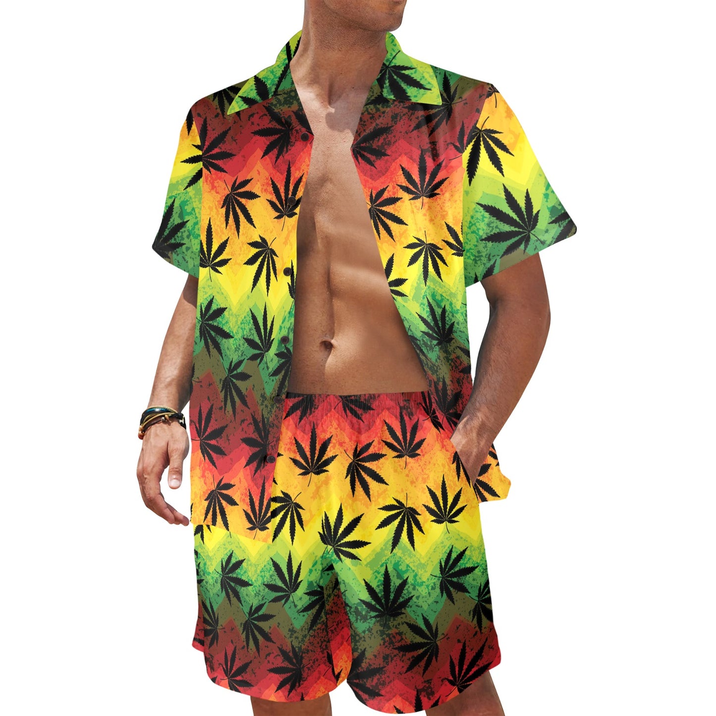 Rasta Pattern Print Design A02 Men's Beach Shirt and Shorts Set