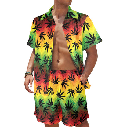 Rasta Pattern Print Design A02 Men's Beach Shirt and Shorts Set