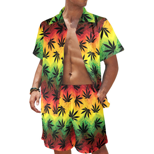 Rasta Pattern Print Design A02 Men's Beach Shirt and Shorts Set