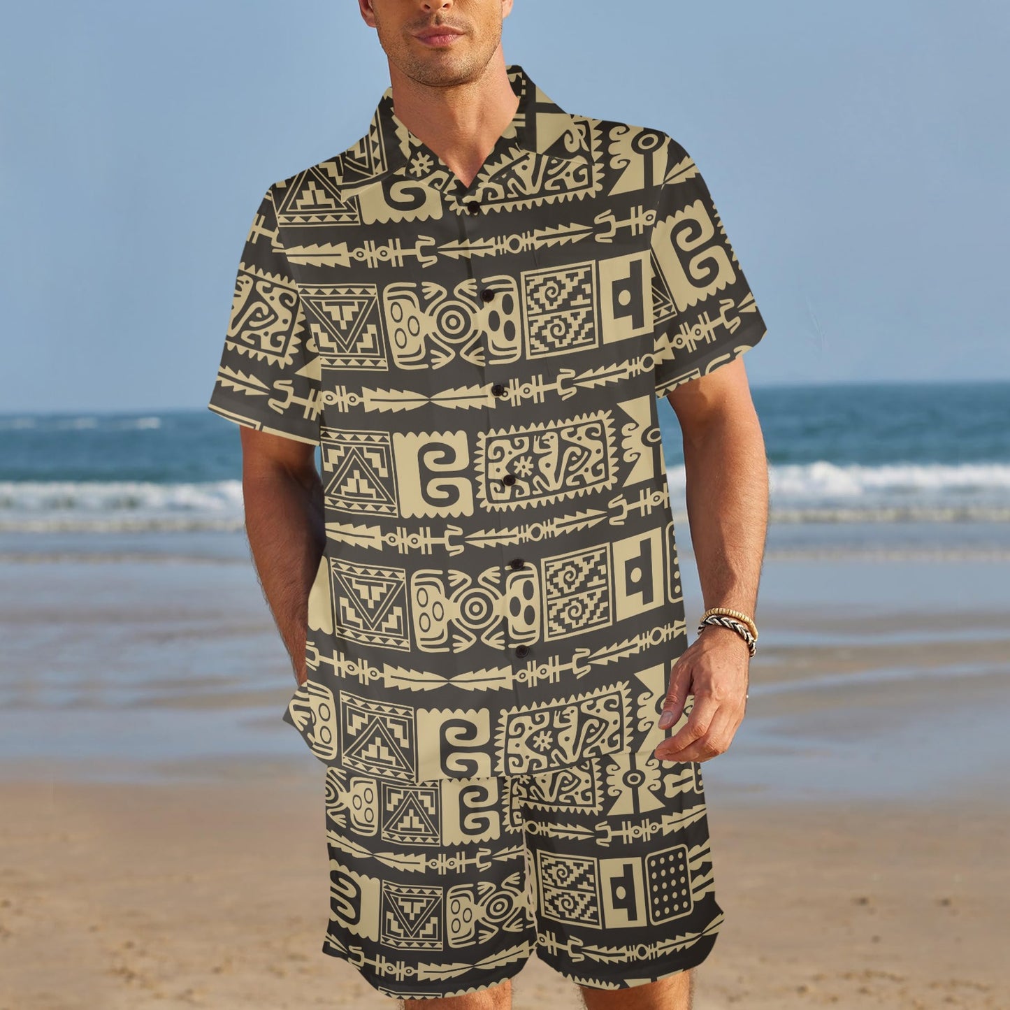 Mayan Pattern Print Design 03 Men's Beach Shirt and Shorts Set