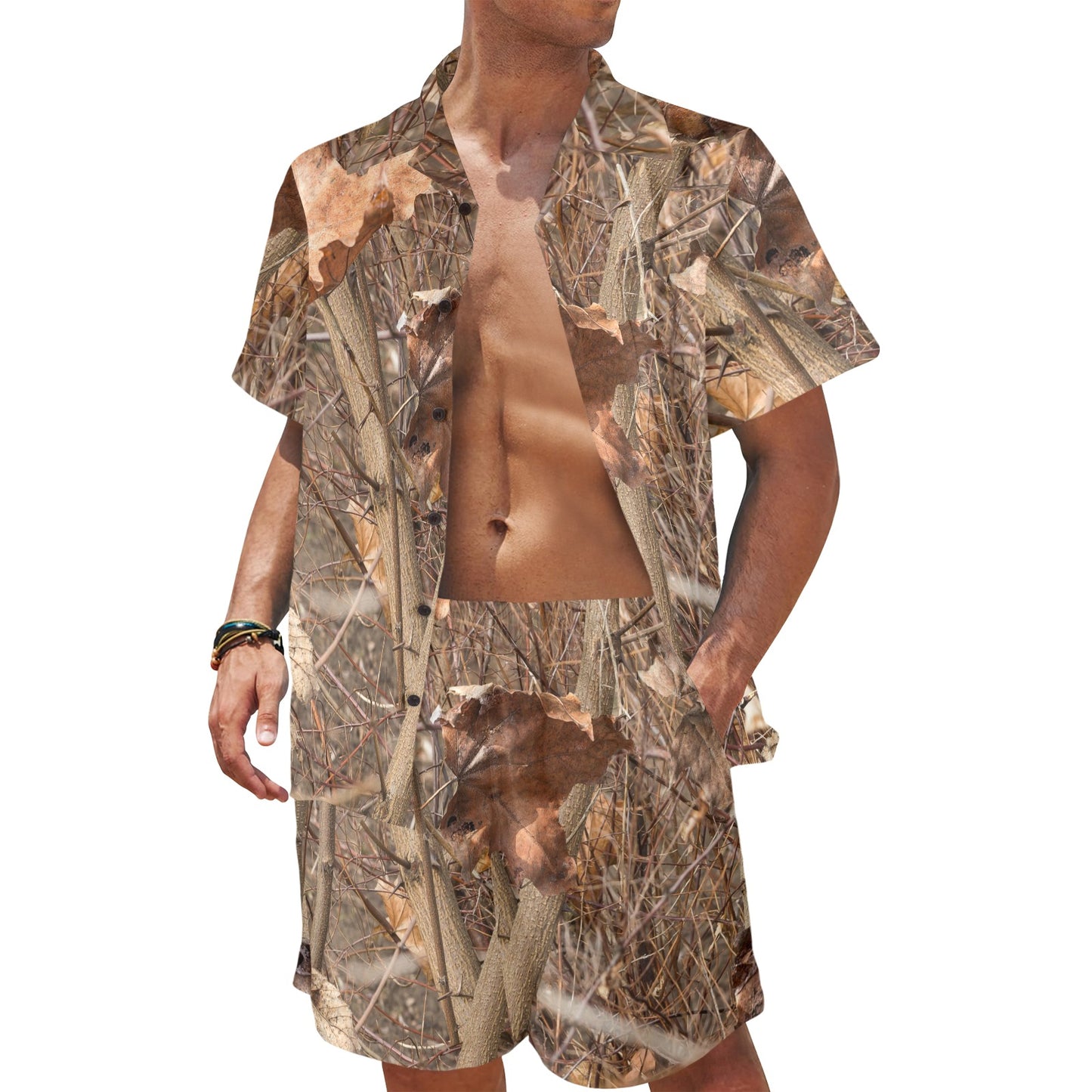 Camo Realistic Tree Forest Autumn Print Men's Beach Shirt and Shorts Set