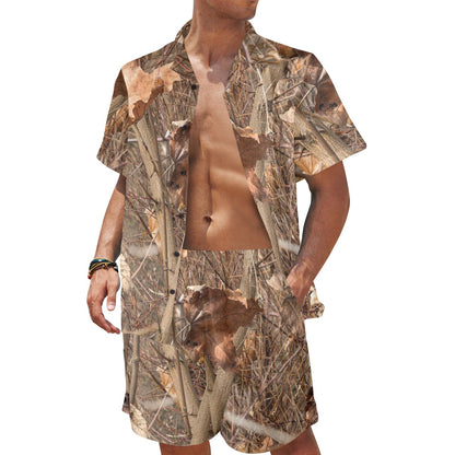 Camo Realistic Tree Forest Autumn Print Men's Beach Shirt and Shorts Set