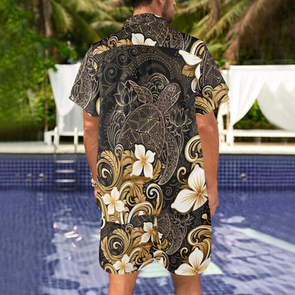 Polynesian Plumeria Sea Turtle Men's Beach Shirt and Shorts Set