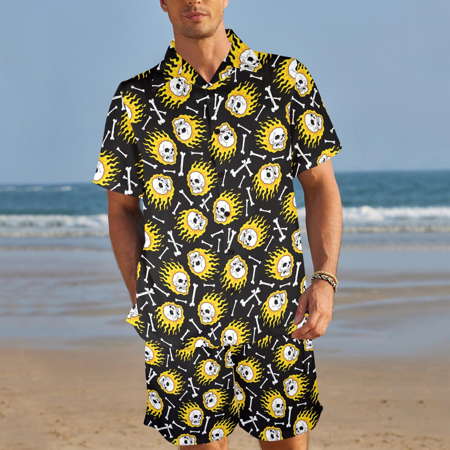 flaming skulls Design Print Pattern JJ0179 Men's Beach Shirt and Shorts Set