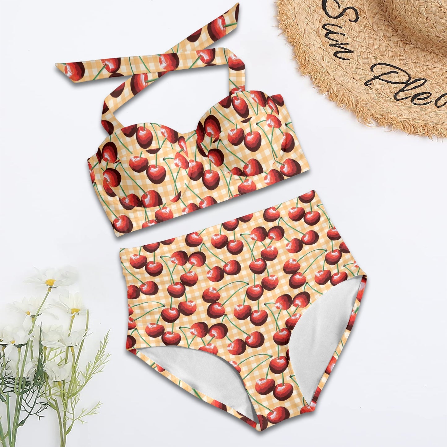 Cherry Orange Plaid Print Halter Neck Bikini Swimsuit