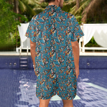 Sea Turtle Tribal Colorful Hand Drawn Men's Beach Shirt and Shorts Set