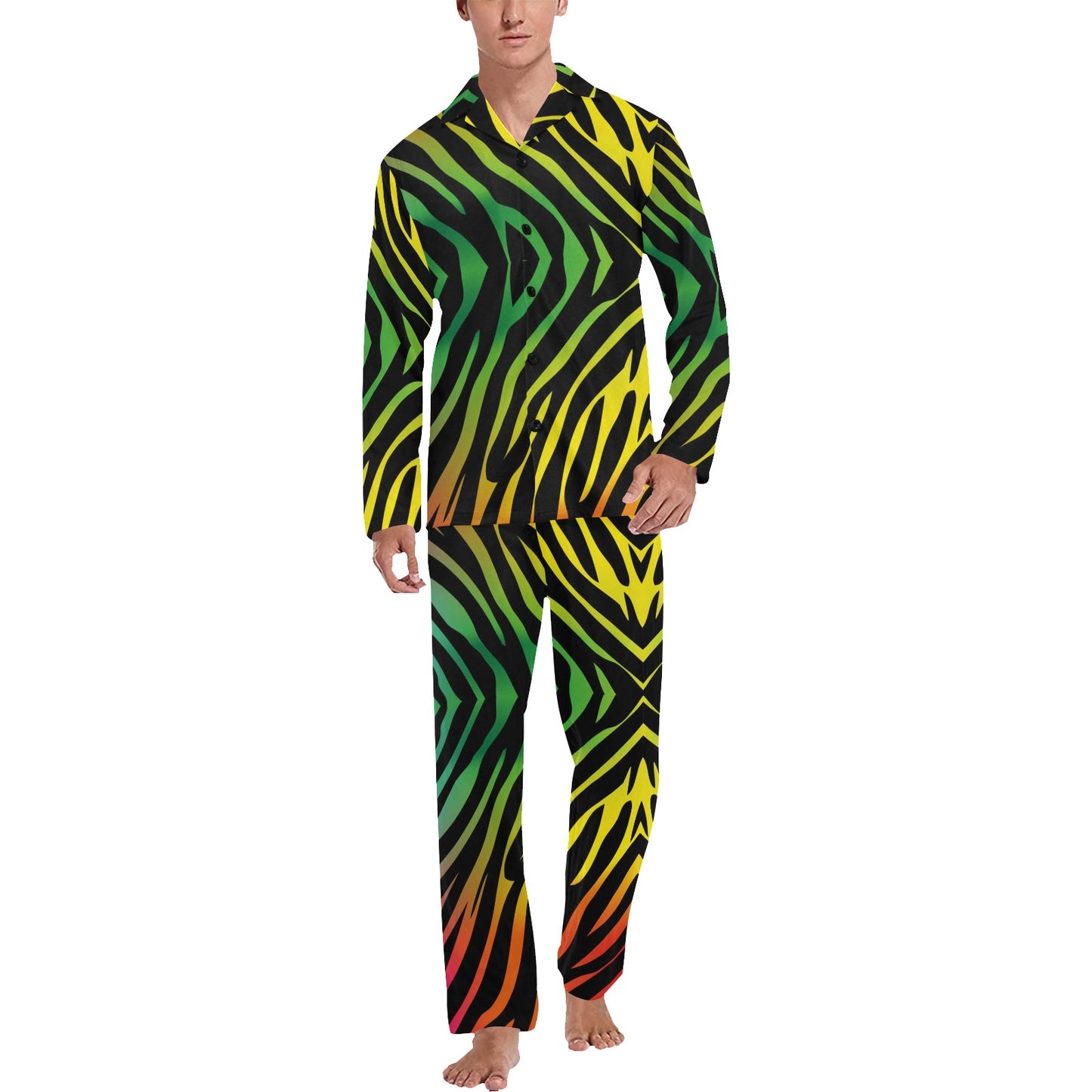 Rainbow Zebra Themed Print Men's Long Pajama Set
