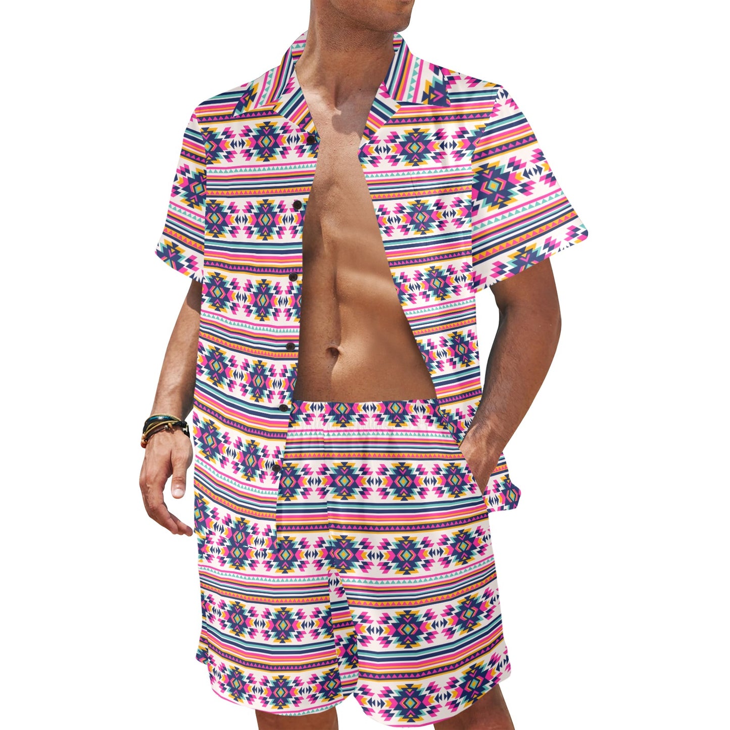 Indian Navajo Neon Themed Design Print Men's Beach Shirt and Shorts Set