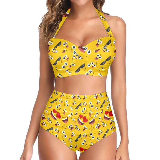 Emoji Face Print Pattern Halter Neck Bikini Swimsuit