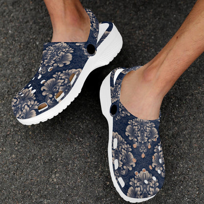 Damask Blue Luxury Print Pattern Unisex Clogs Shoes