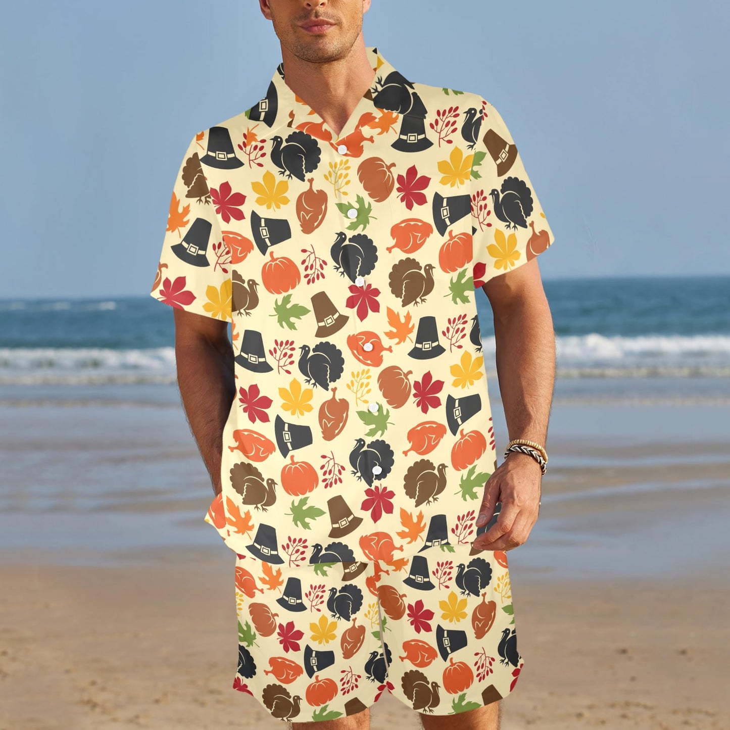 Thanksgiving Print Design LKS303 Men's Beach Shirt and Shorts Set