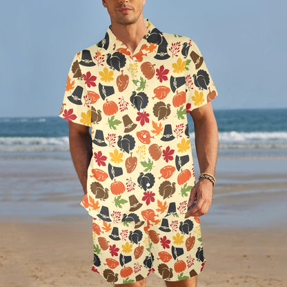 Thanksgiving Print Design LKS303 Men's Beach Shirt and Shorts Set