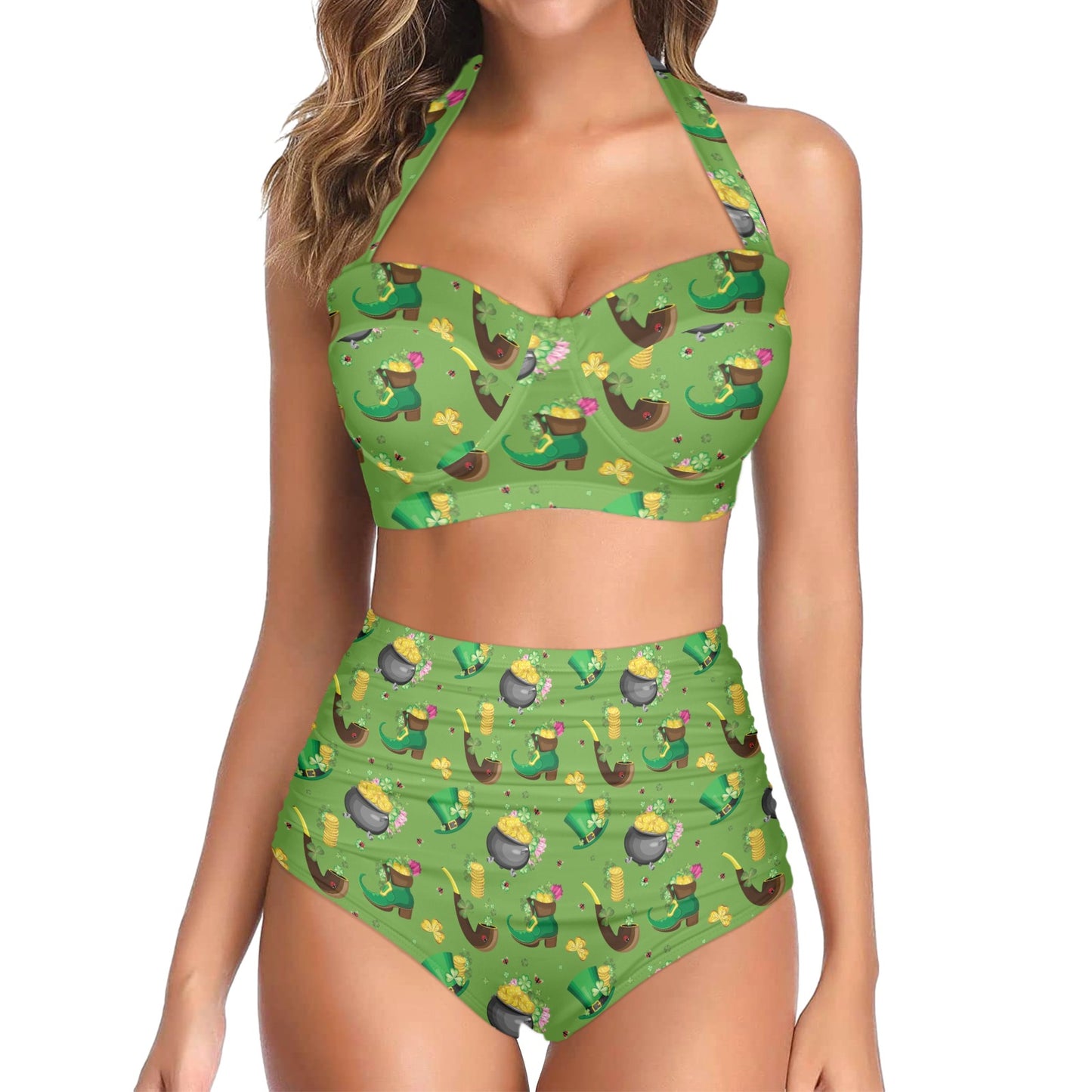 Shamrock Saint Patrick's Day Print Design LKS306 Halter Neck Bikini Swimsuit