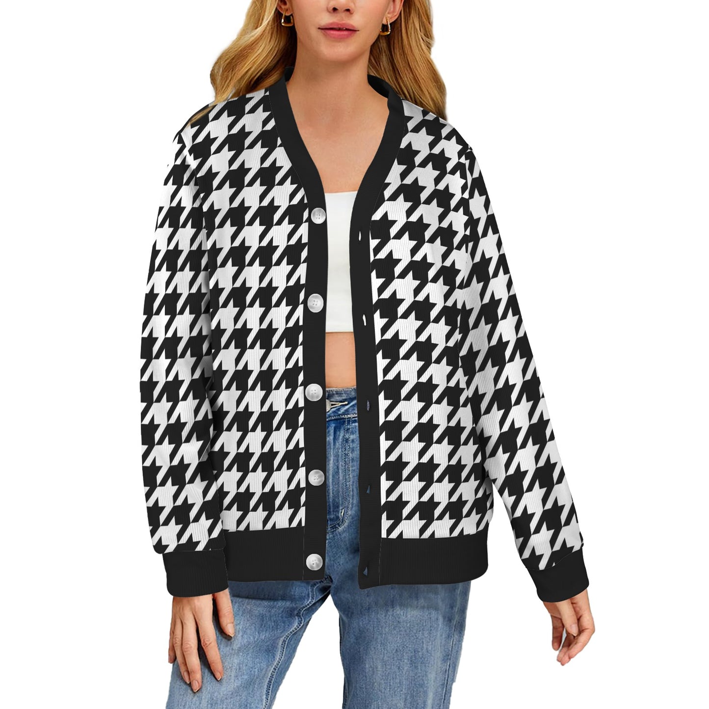 Houndstooth Black White Pattern Print Design 05 Women's Cardigan
