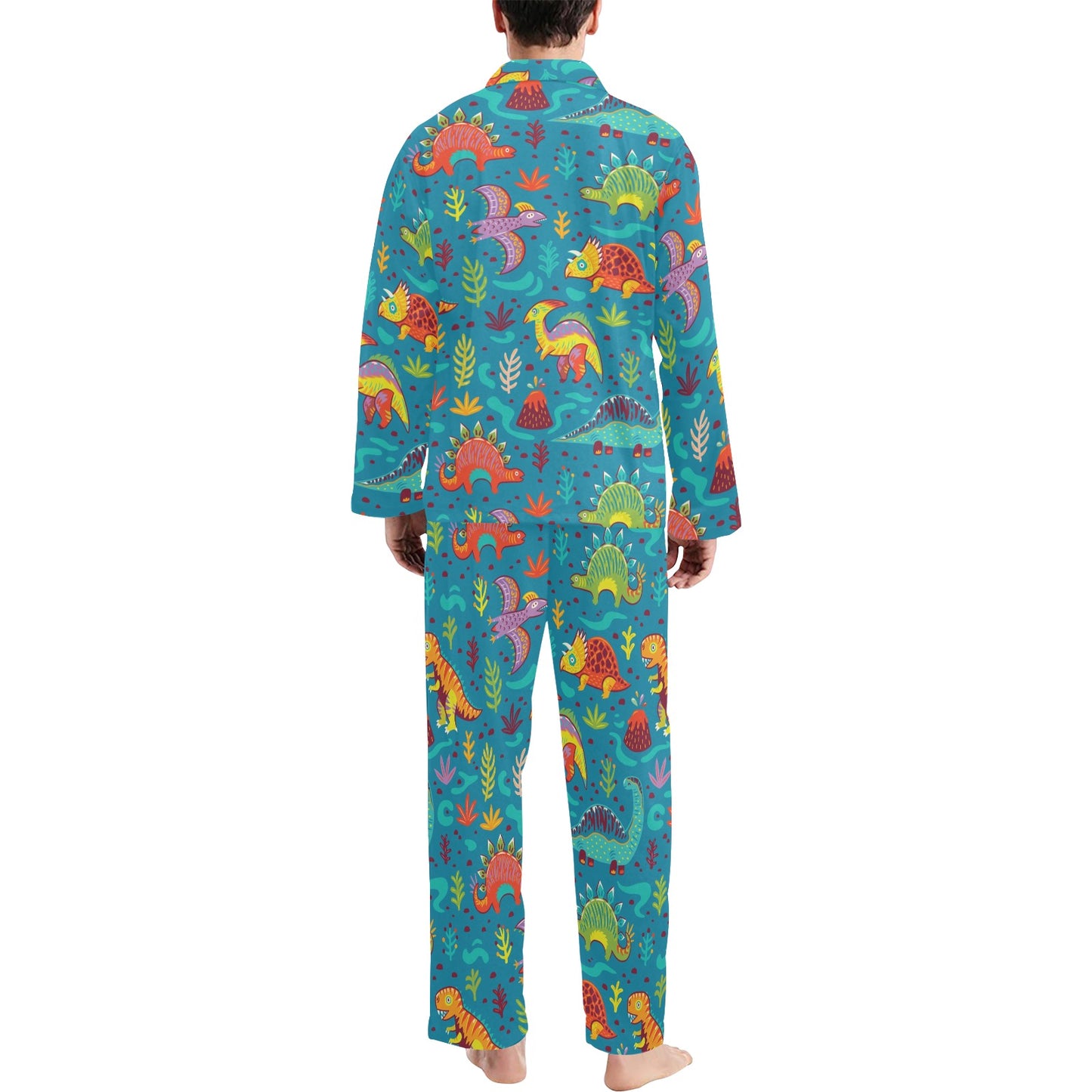Dinosaur Cartoon Style Men's Long Pajama Set