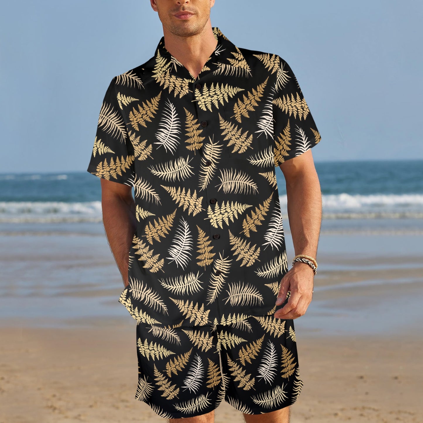 Fern Leave Bright Print Pattern Men's Beach Shirt and Shorts Set
