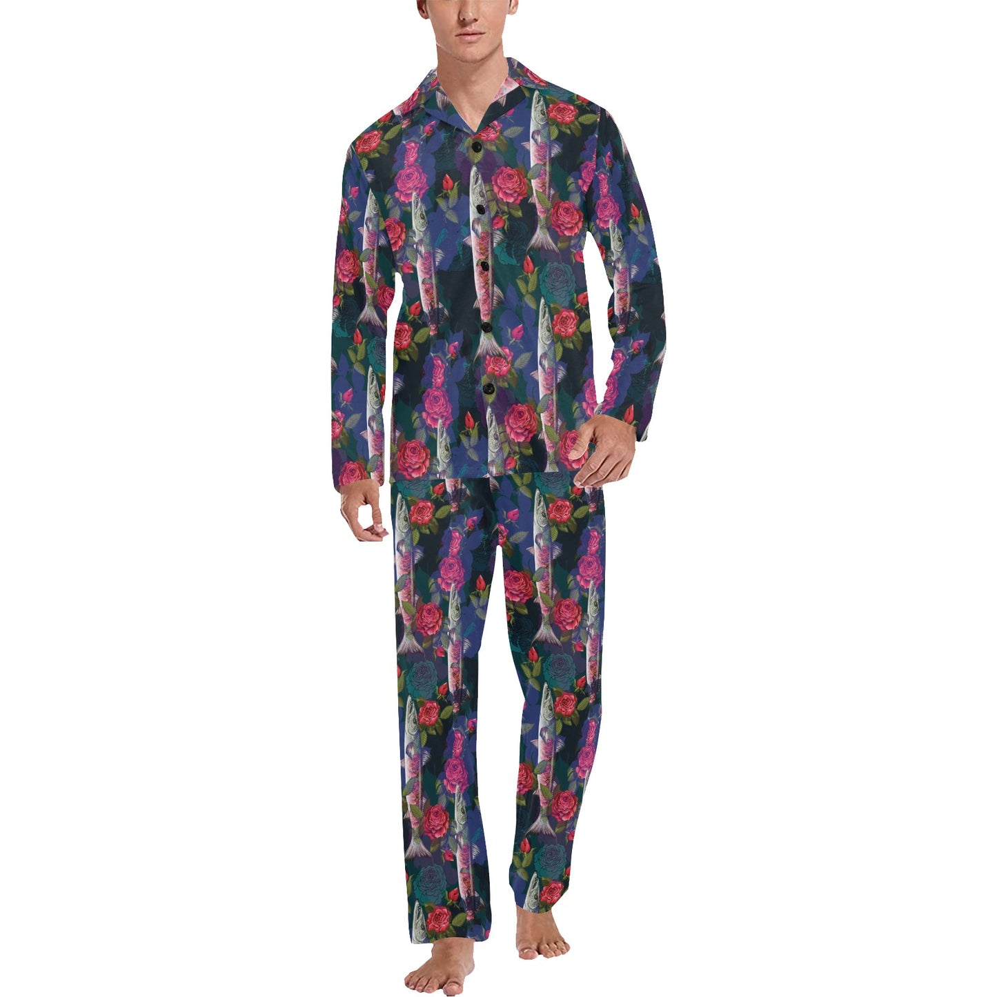 Barracuda with Folwer Pattern Print Design 01 Men's Long Pajama Set