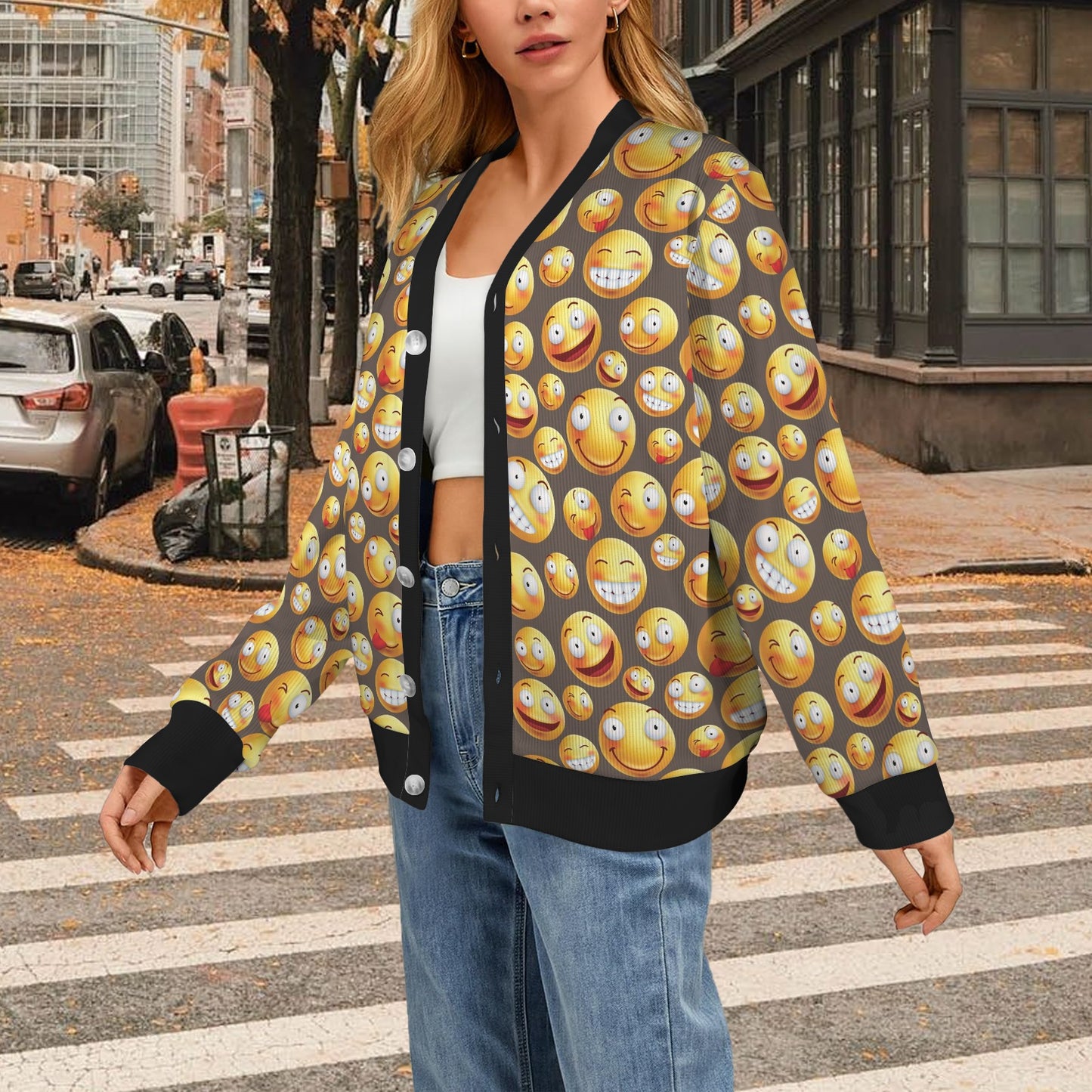 Smiley Face Emoji Print Design LKS303 Women's Cardigan