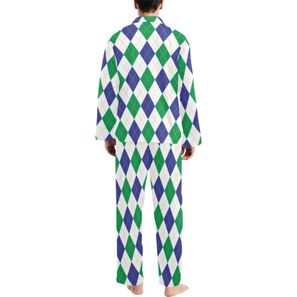 Argyle Green Blue Pattern Print Design 03 Men's Long Pajama Set