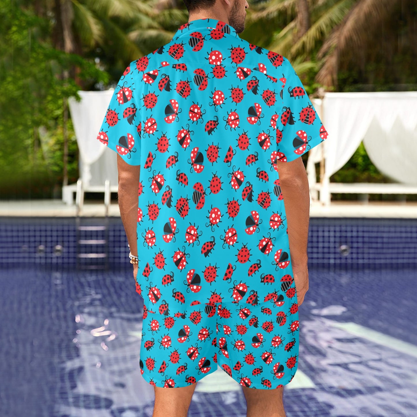 Ladybug Action Print Pattern Men's Beach Shirt and Shorts Set