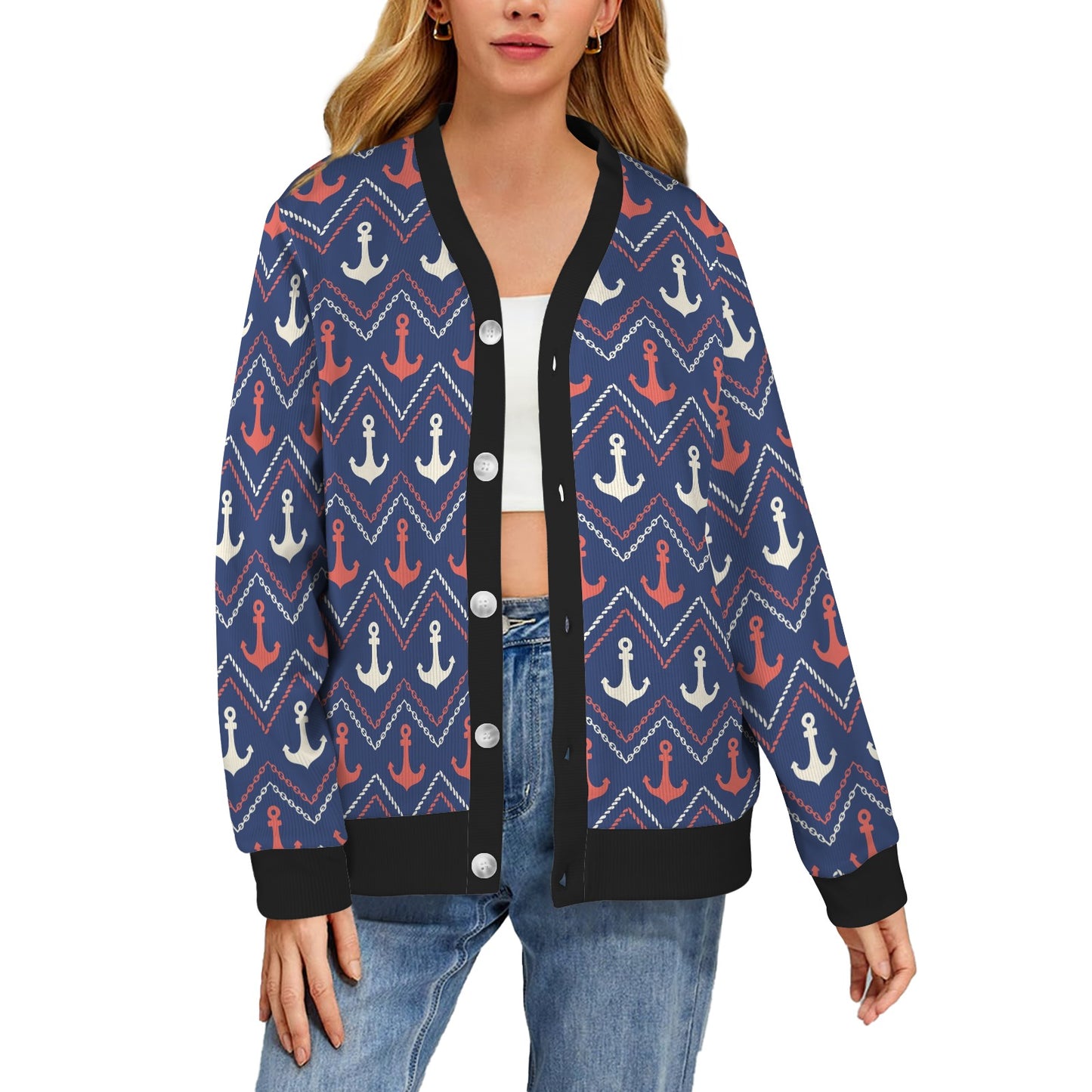 Anchor Pattern Print Design 07 Women's Cardigan