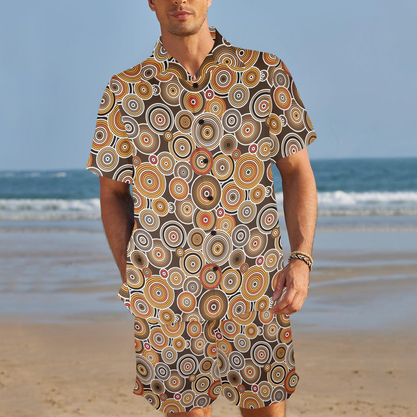 Aboriginal Print Design LKS402 Men's Beach Shirt and Shorts Set