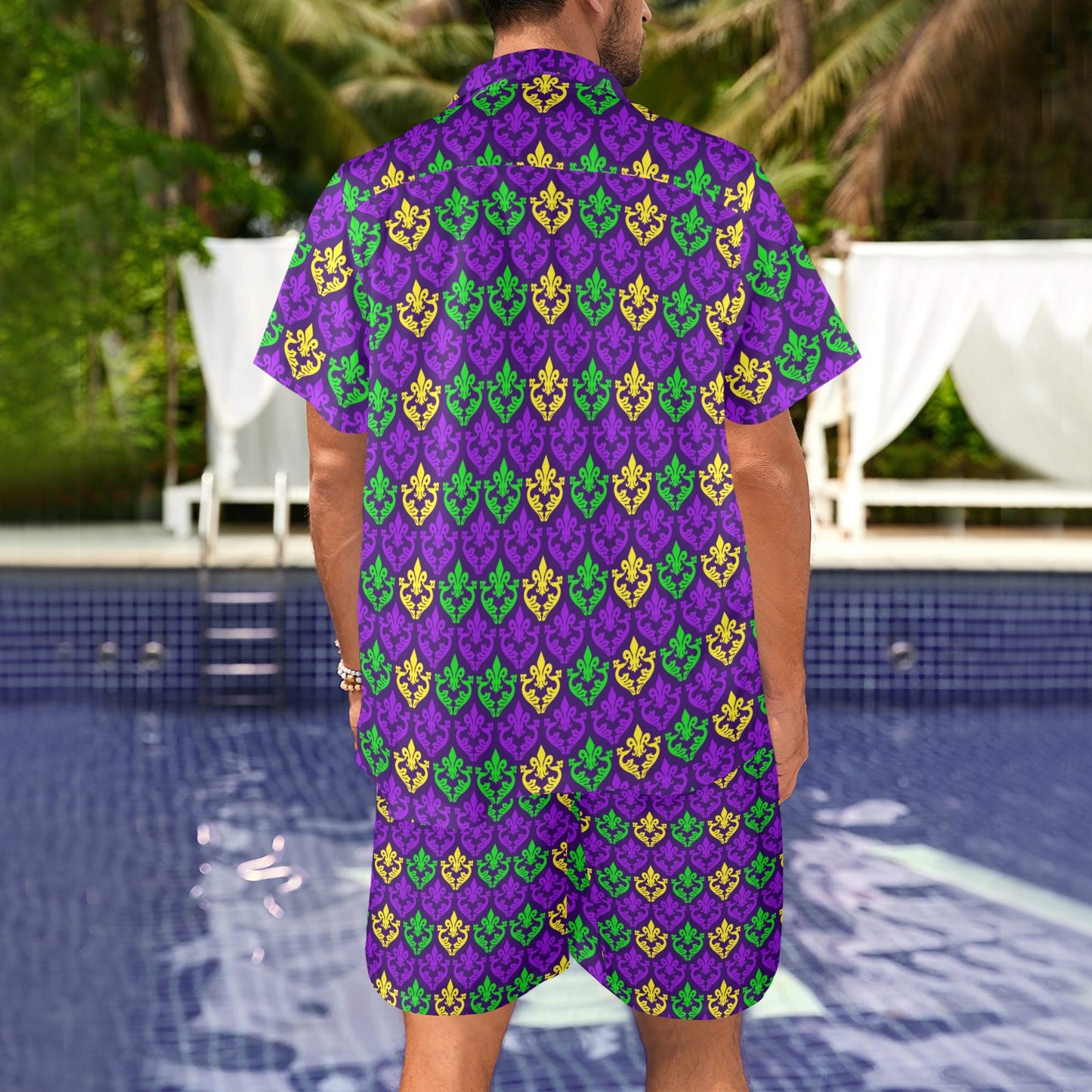 Mardi Gras Pattern Print Design 02 Men's Beach Shirt and Shorts Set