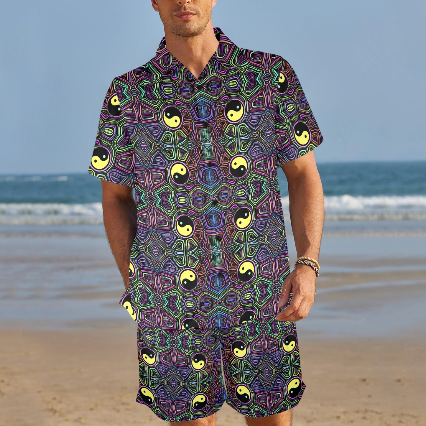 Yin Yang Neon Color Design Print Men's Beach Shirt and Shorts Set