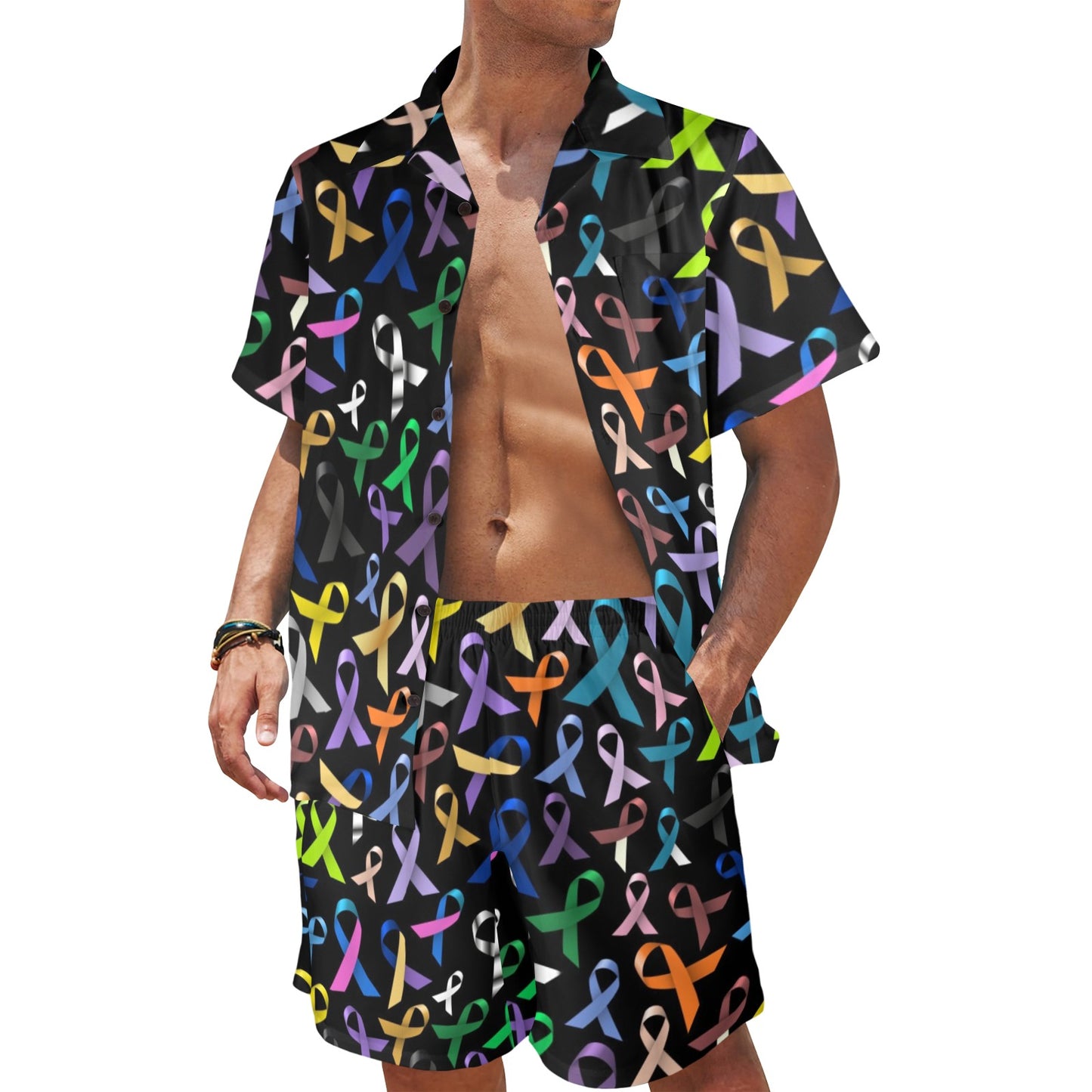 Breast Cancer Awareness Colorful Print Men's Beach Shirt and Shorts Set
