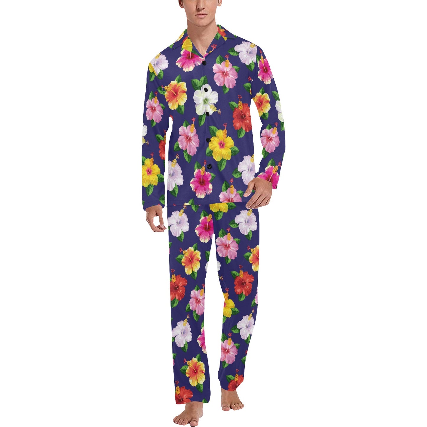 Hibiscus Colorful Print Design LKS301 Men's Long Pajama Set