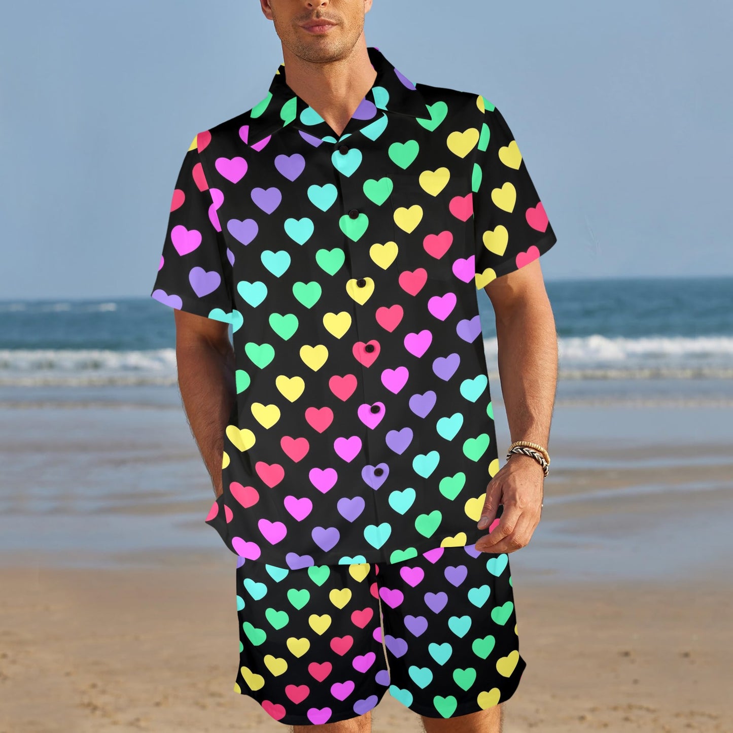 Heart Rainbow Pattern Print Design HE02 Men's Beach Shirt and Shorts Set