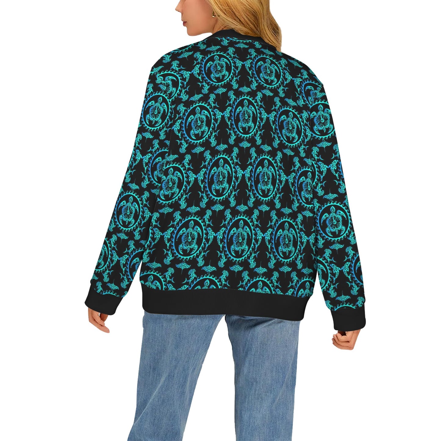 turquoise Tribal Sea Turtle Hawaiian Women's Cardigan