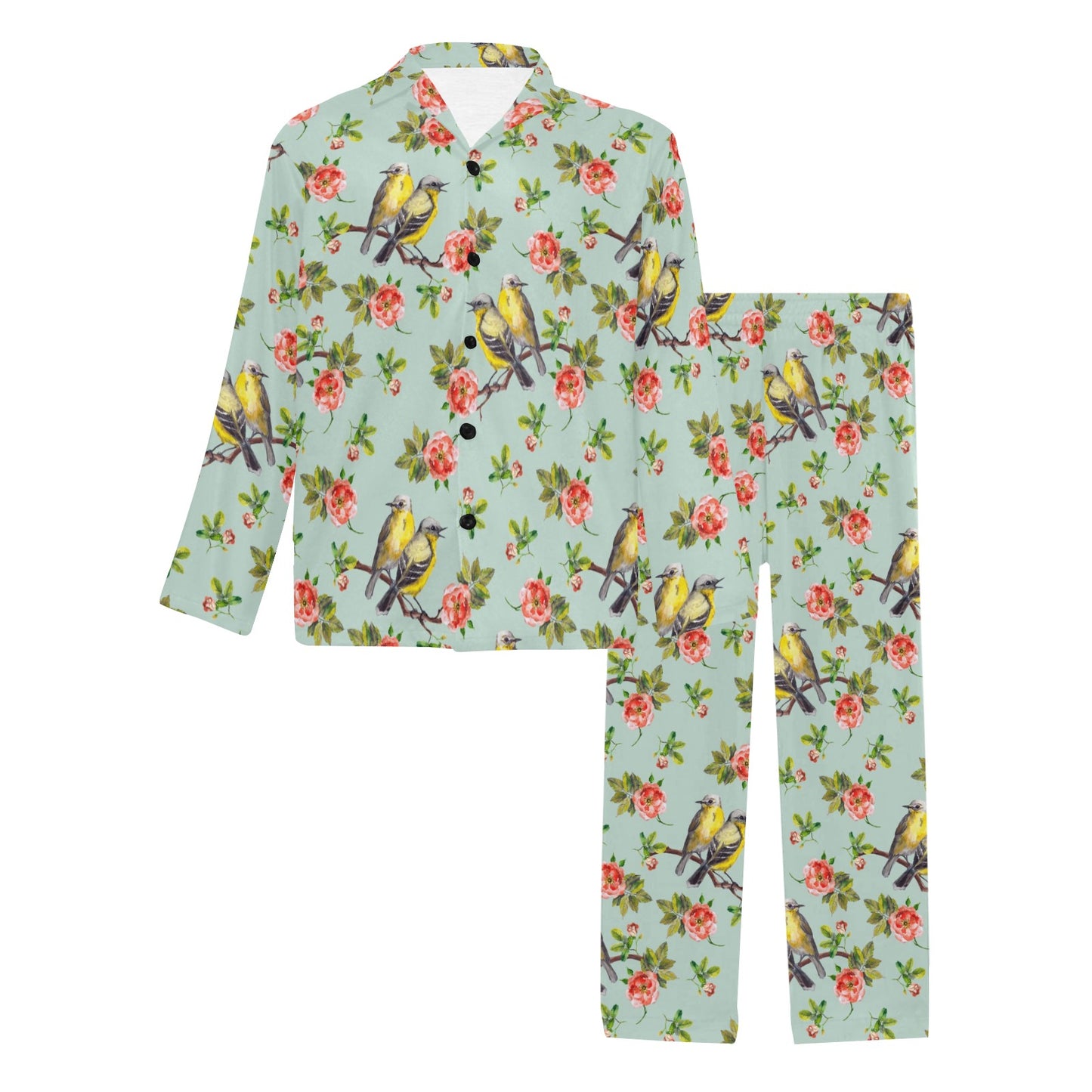 Bird with Red Flower Print Pattern Men's Long Pajama Set