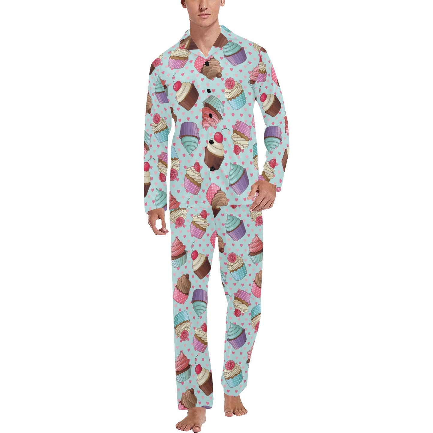 Cupcakes Fancy Heart Print Pattern Men's Long Pajama Set