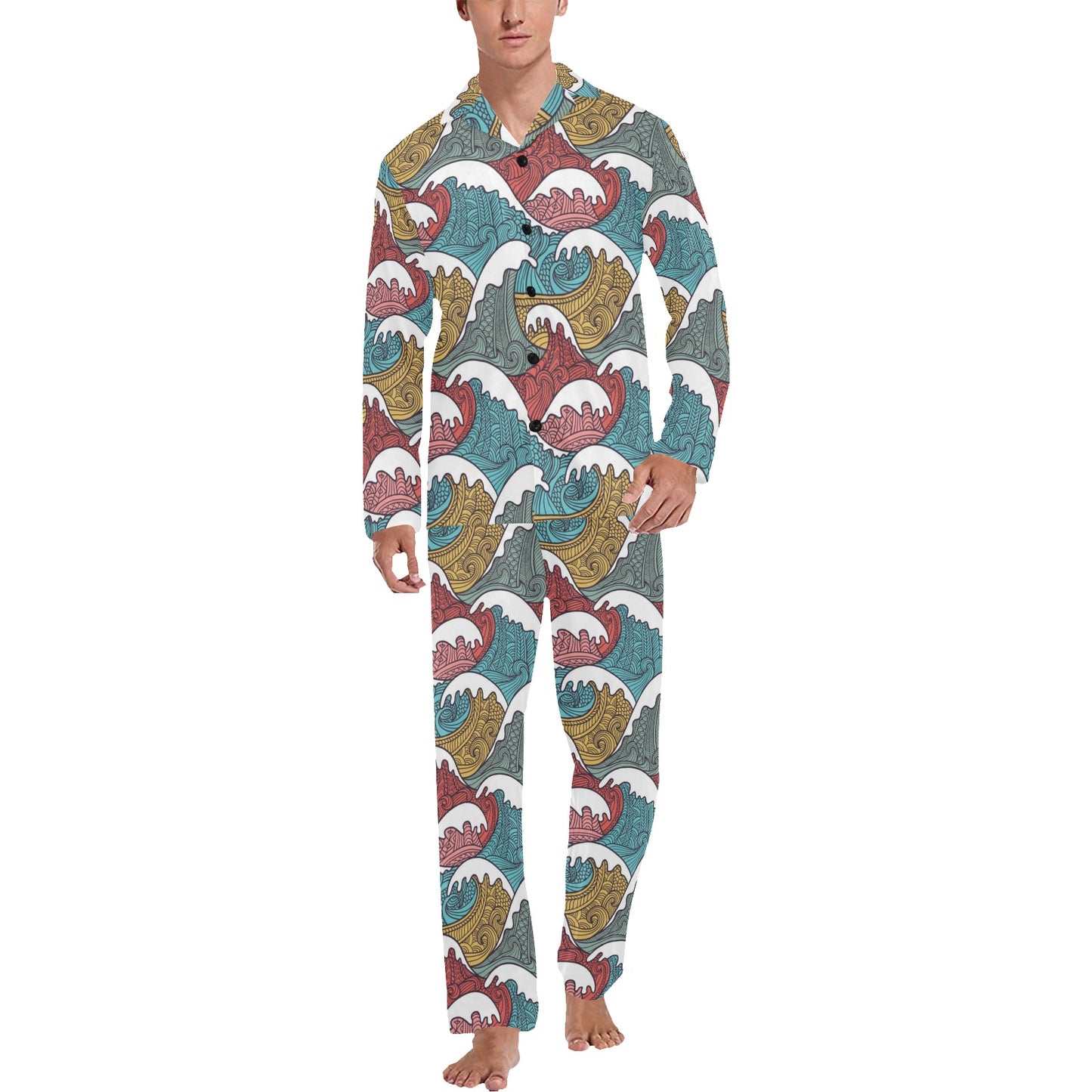 Tribal Wave Pattern Print Men's Long Pajama Set