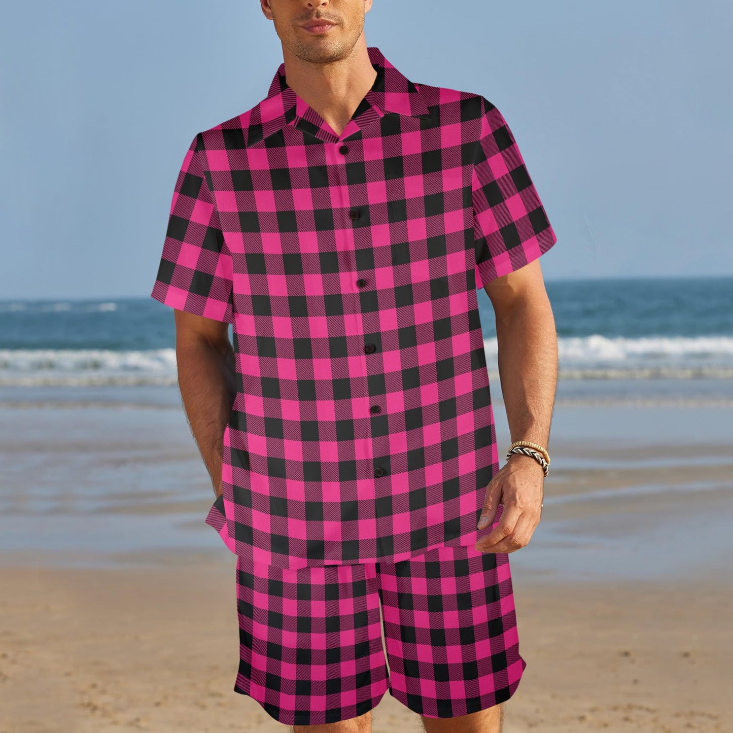 Pink Tartan Plaid Pattern Men's Beach Shirt and Shorts Set