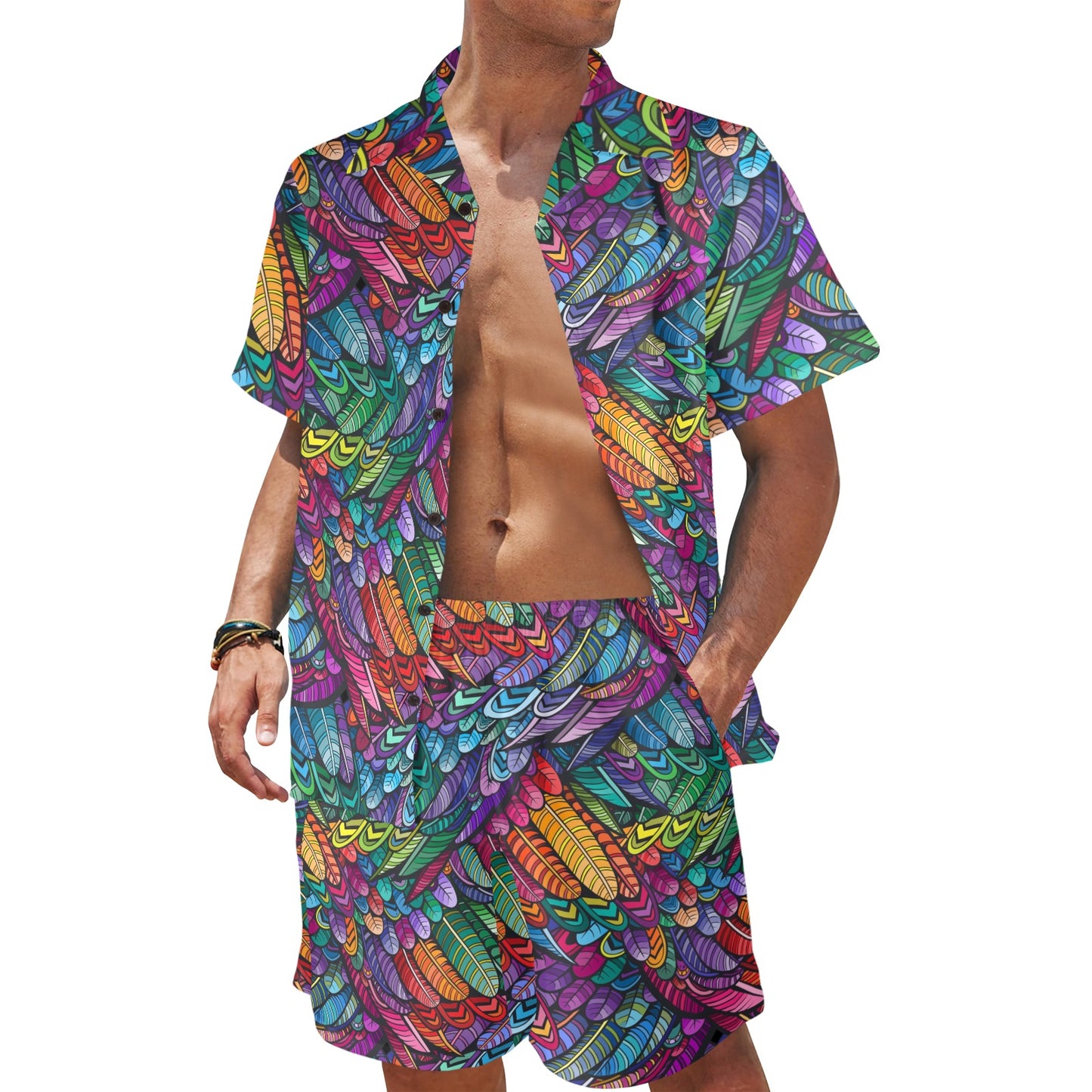 Feather Multicolor Design Print Men's Beach Shirt and Shorts Set