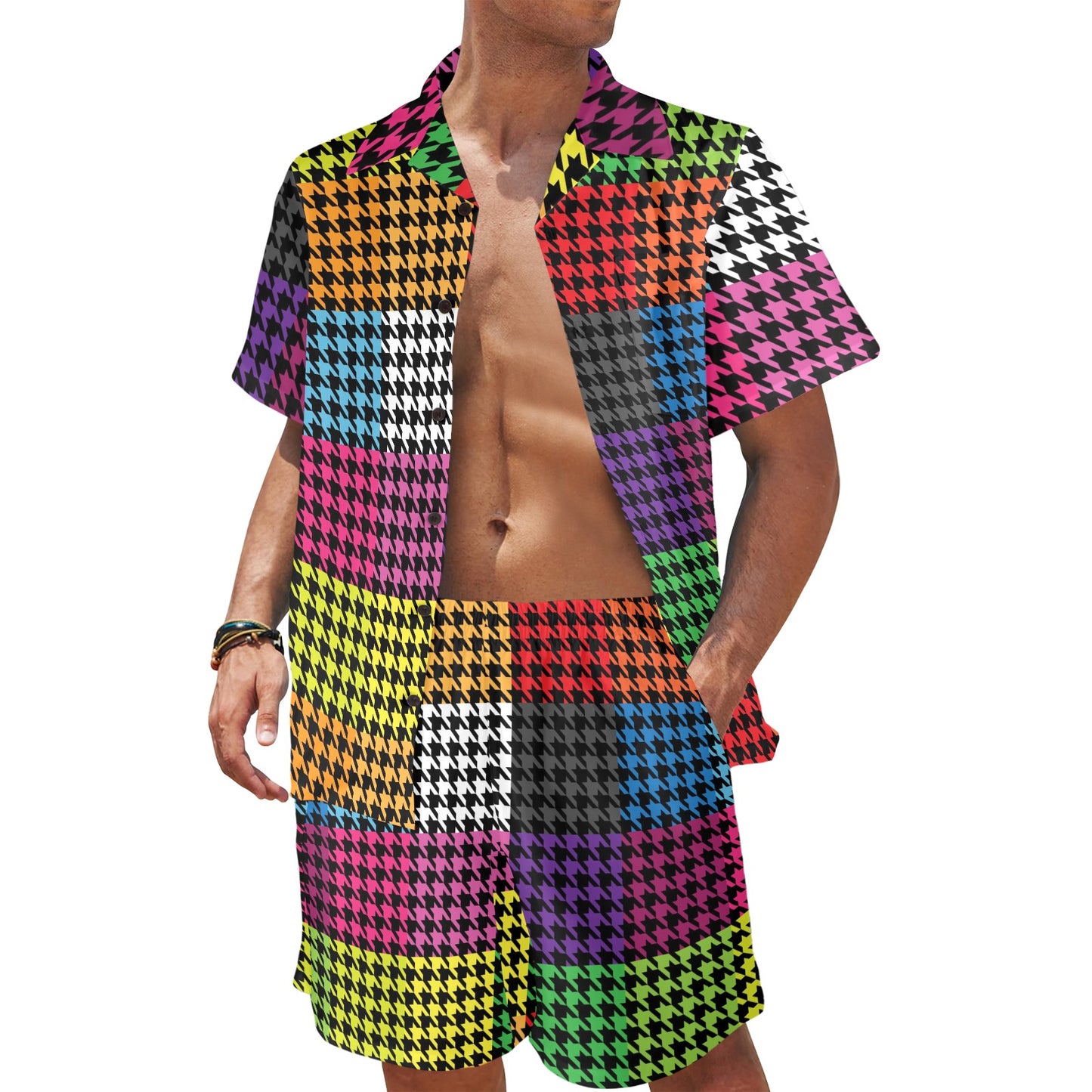 Houndstooth Colorful Pattern Print Design 01 Men's Beach Shirt and Shorts Set