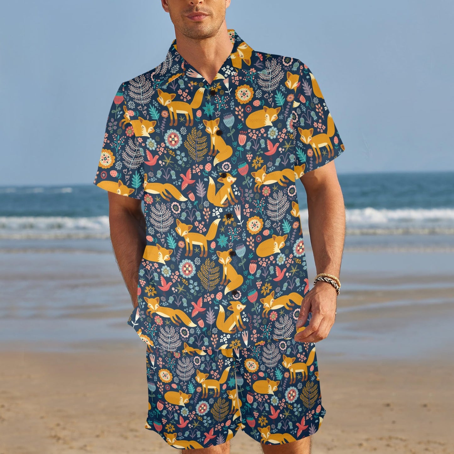 Fox Cute Jungle Print Pattern Men's Beach Shirt and Shorts Set