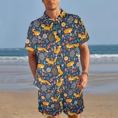Fox Cute Jungle Print Pattern Men's Beach Shirt and Shorts Set