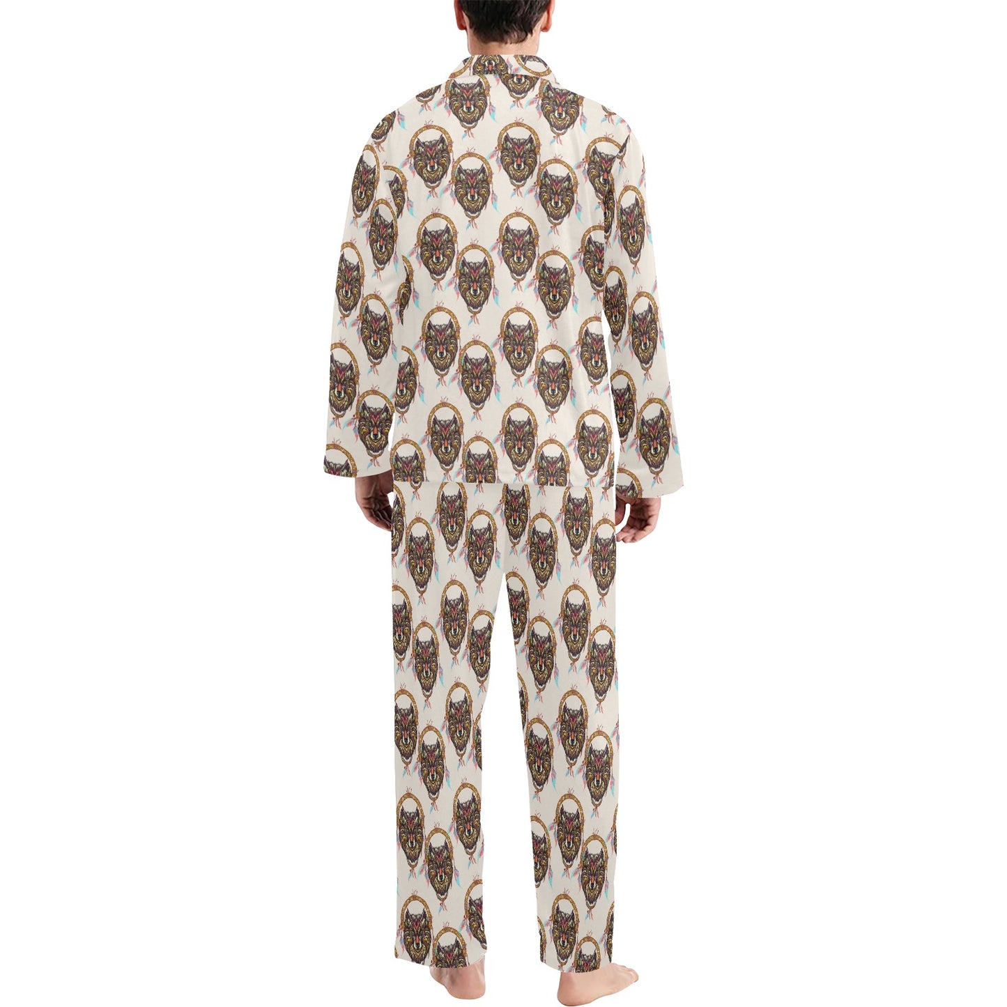 Wolf Tribal Dream Catcher Design Print Men's Long Pajama Set