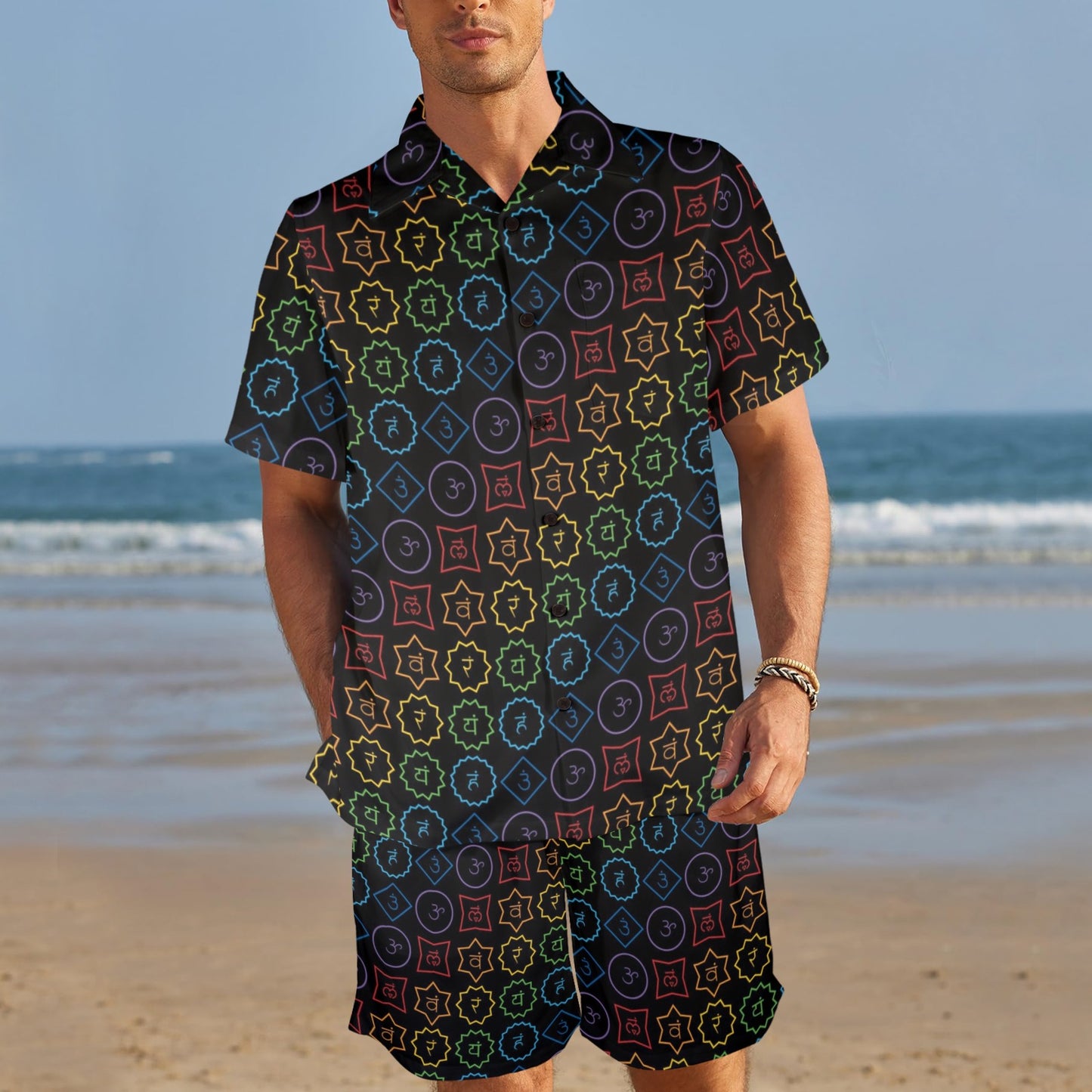 Chakra Colorful Symbol Pattern Men's Beach Shirt and Shorts Set