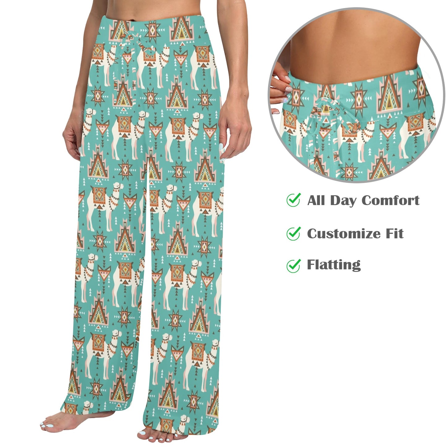 Camel ethnic Design Print Pattern JJ024 Women's Wide Leg Lounge Pants