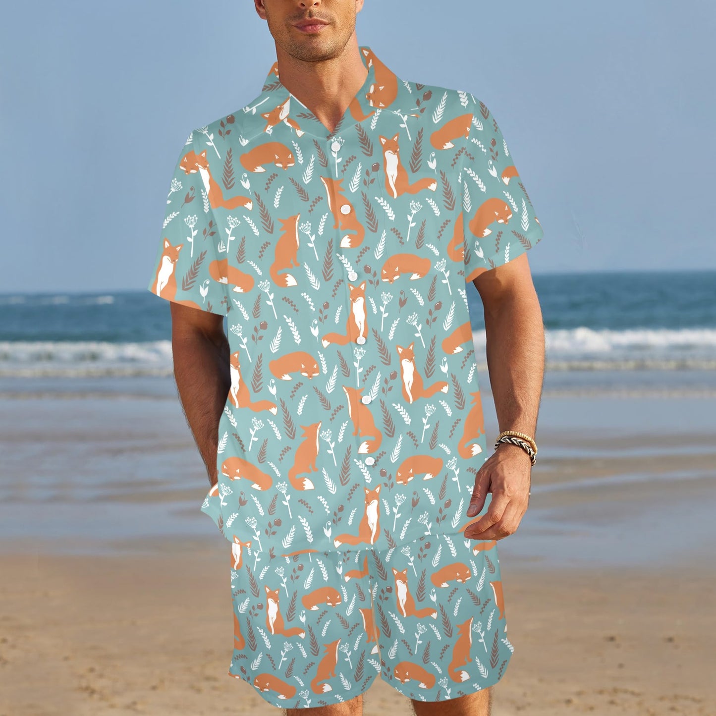 Fox Forest Print Pattern Men's Beach Shirt and Shorts Set