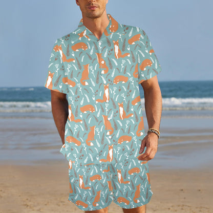 Fox Forest Print Pattern Men's Beach Shirt and Shorts Set