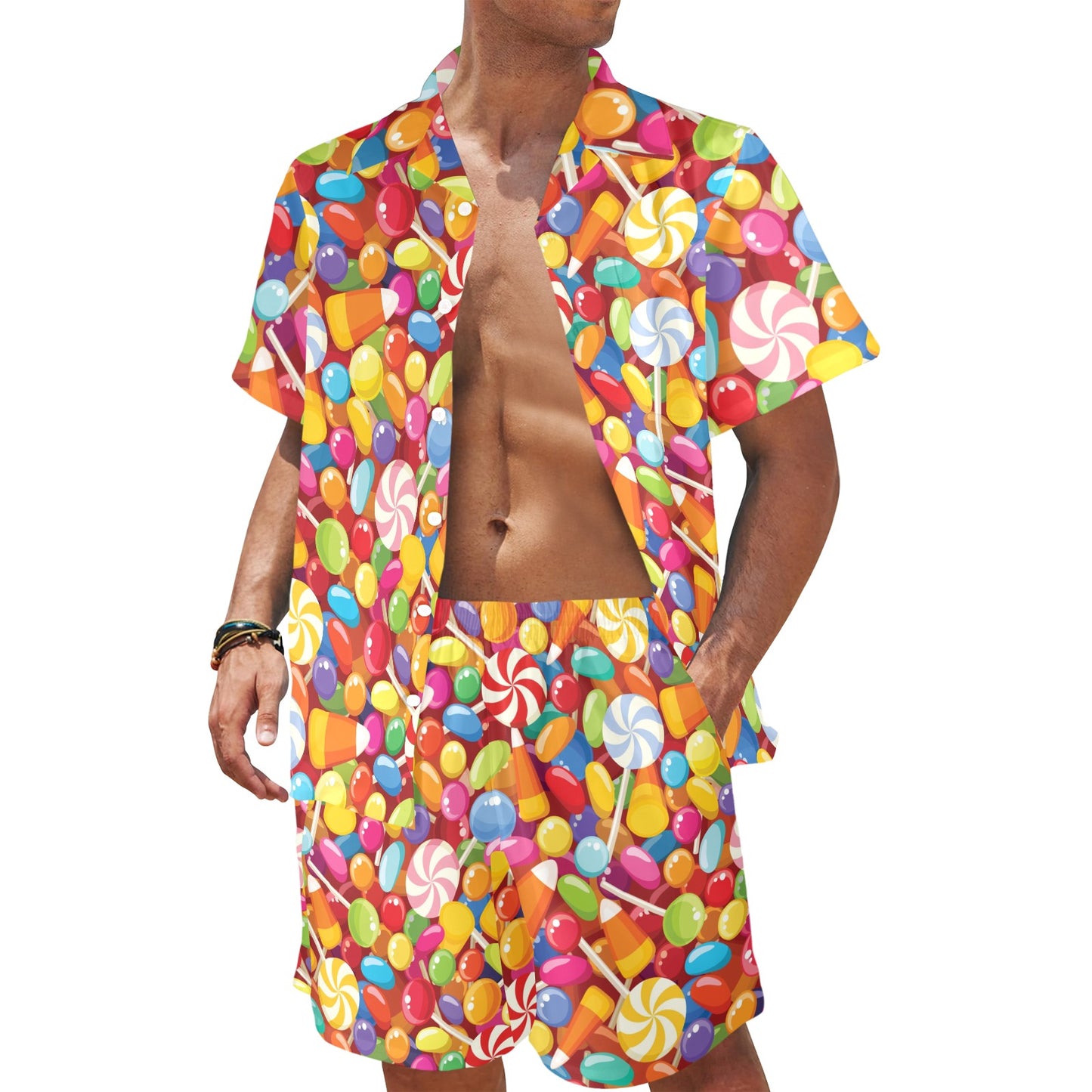 Candy Pattern Print Design 02 Men's Beach Shirt and Shorts Set