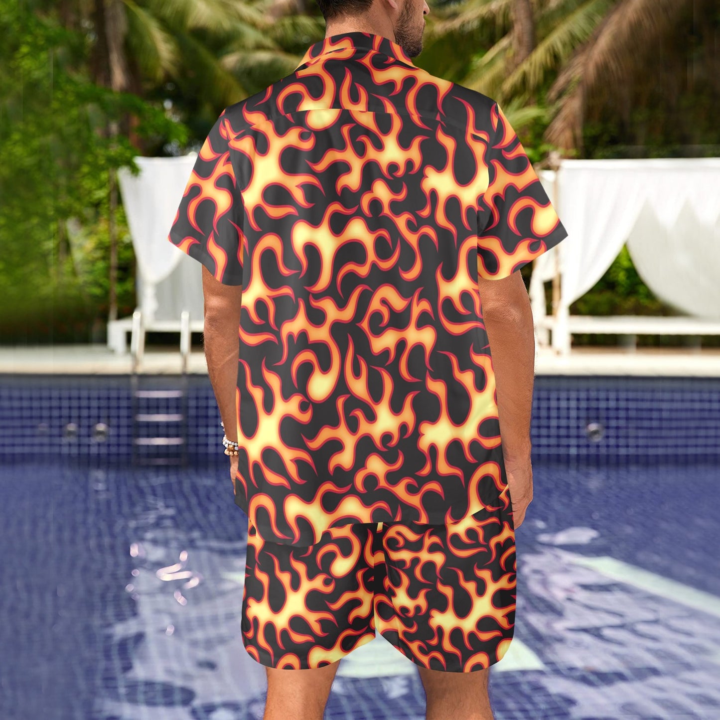 Flame Fire Themed Print Men's Beach Shirt and Shorts Set