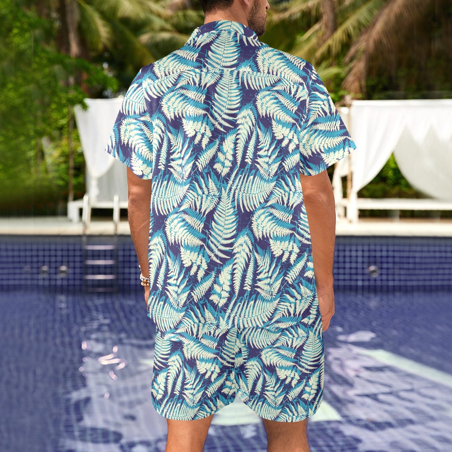 Fern Leave Summer Print Pattern Men's Beach Shirt and Shorts Set