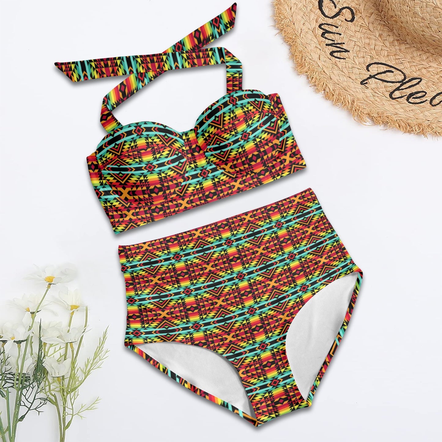 Kente Red Design African Print Halter Neck Bikini Swimsuit
